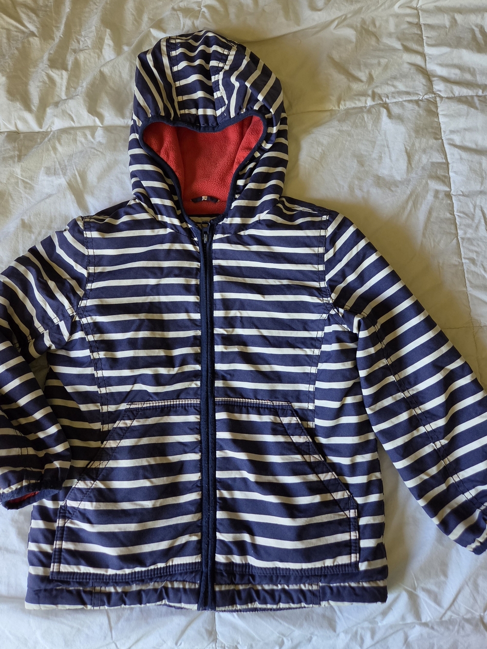 Mini Boden Kids Navy Blue White Striped Fleece Lined Hooded Jacket 5-6Y